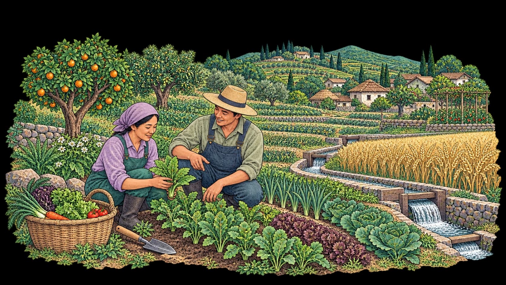 Illustrated farmer overlooking cultivated terraces and a rural landscape