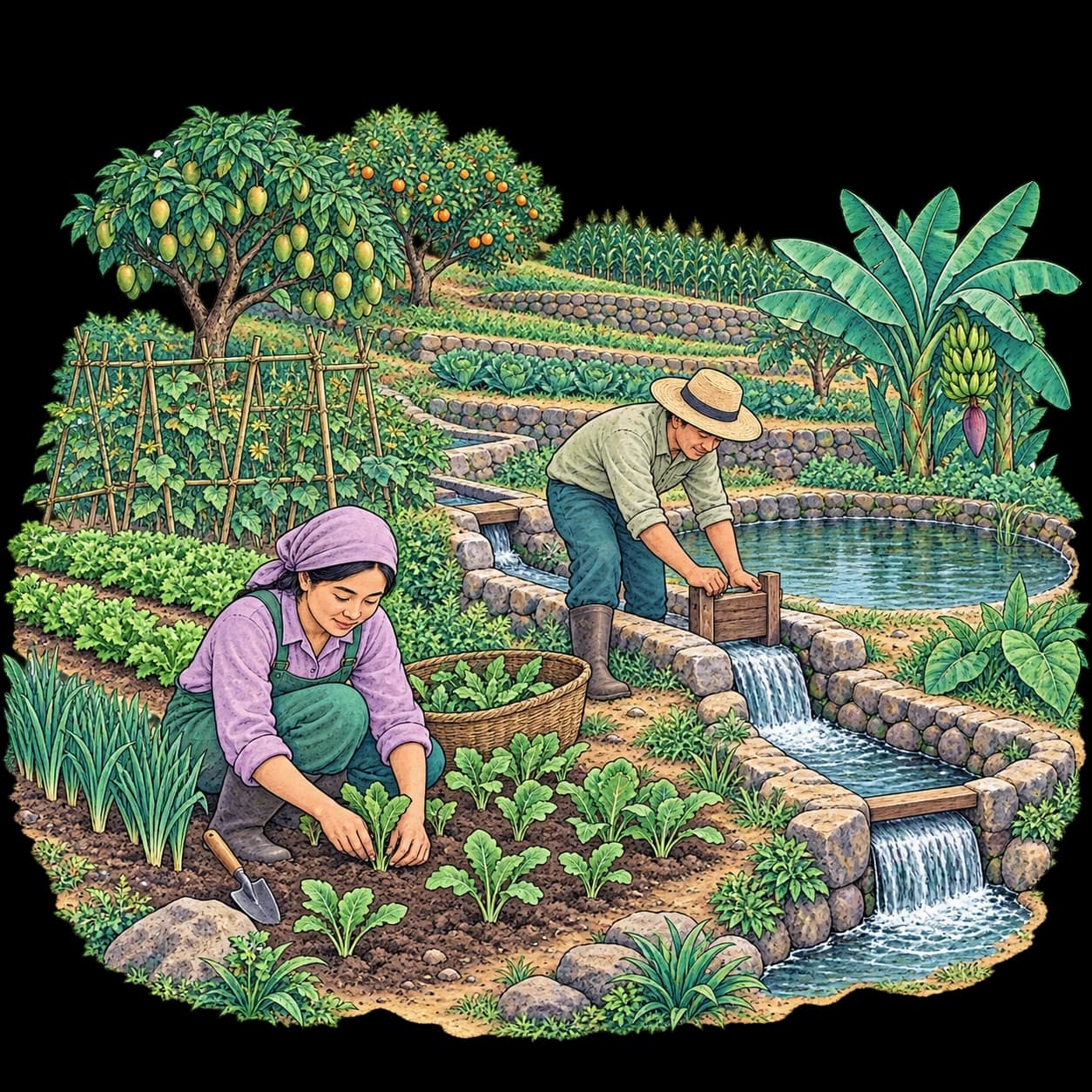 Farmers tending terraced crops and a stone irrigation channel