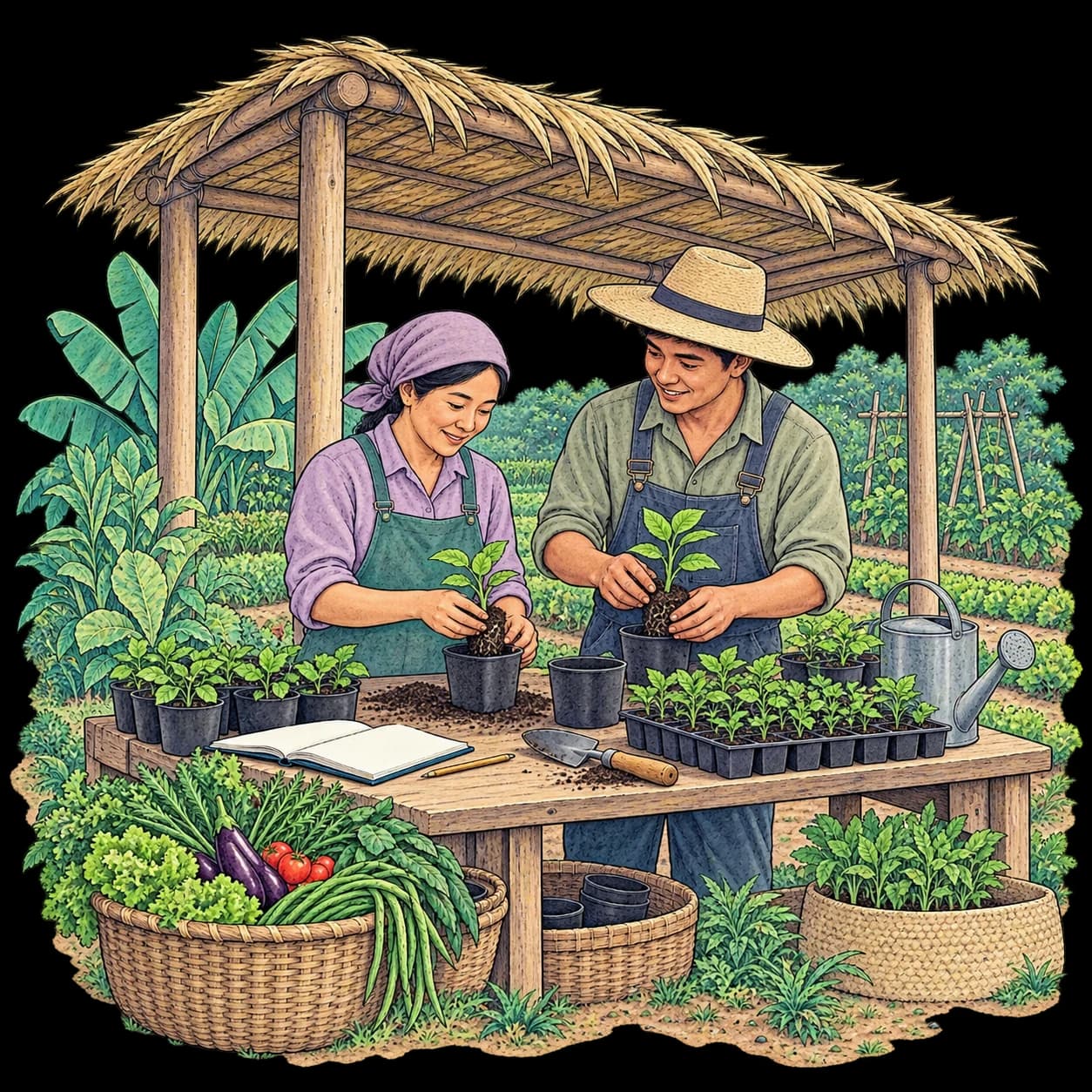 A woman grower and a young farmer tending seedlings at a timber nursery bench